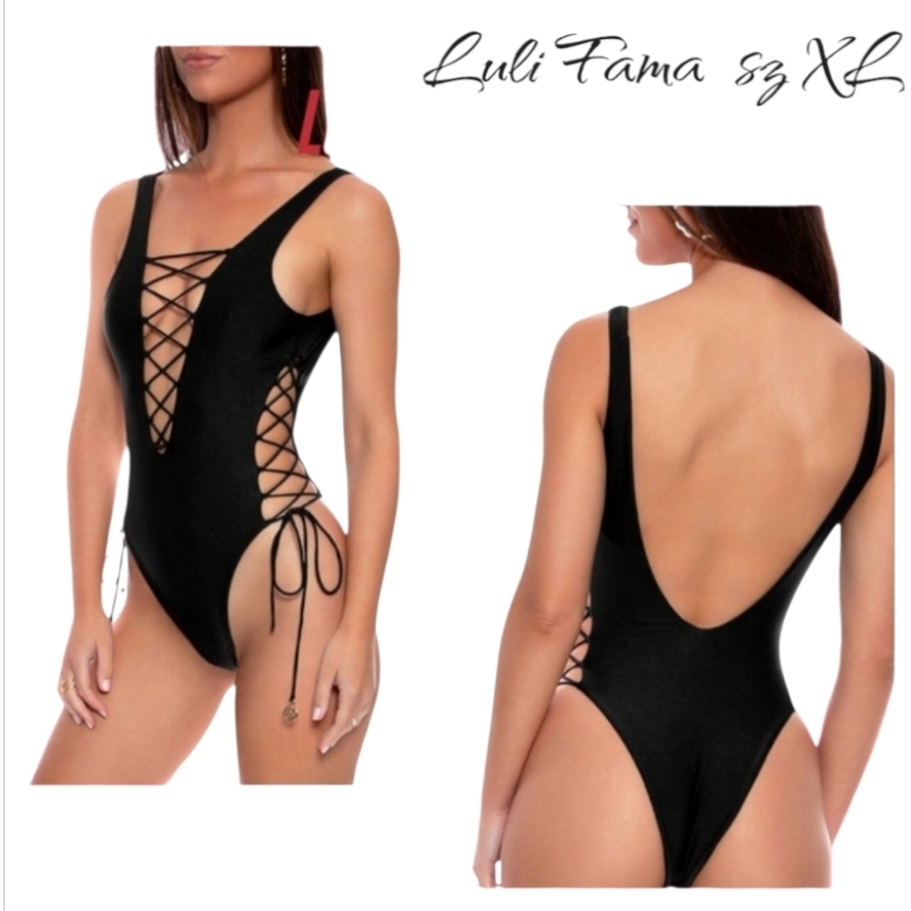 Luli Fama Black Cosita Buena Open Side One Piece Swimsuit Bodysuit sz XL